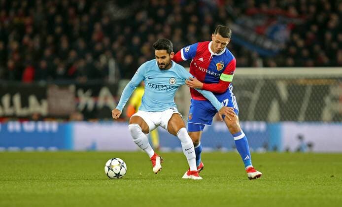 FC Basel Manchester City Switzerland Basel 13 02 2018 Football Champions League season 2017 2018 knockout first leg FC Basel Manchester City v l Ilkay Gündogan Manchester City Marek Suchy FC Basel