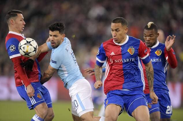 13 02 2018 football UEFA Champions League 2017 2018 knockout FC Basel Manchester City at St James Park Stadium in Basel Switzerland v li Marek Suchy FC Basel Sergio Agüero Manchester City Leo Lacroix FC Basel