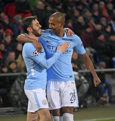 13 02 2018 football UEFA Champions League 2017 2018 knockout FC Basel Manchester City at St James Park Stadium in Basel Switzerland goal celebration Bernardo Silva li Fernandinho Manchester City Manchester City