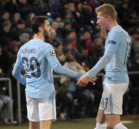 13 02 2018 football UEFA Champions League 2017 2018 knockout FC Basel Manchester City at St James Park Stadium in Basel Switzerland goal celebration Bernardo Silva li Manchester City with Kevin de Bruyne Manchester City