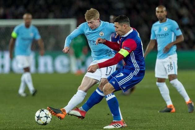 Basel Switzerland 13 02 2018 UEFA Champions League 2017 18 season last finals FC Basel Manchester City Kevin De Bruyne MNC and Marek Suchy FCB in a duel of DeFodi507