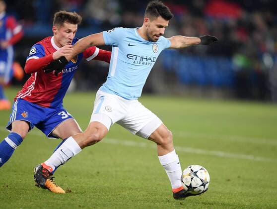 Football CHAMPIONS LEAGUE season 2017 2018 knockout first leg FC Basel Manchester City 13 02 2018 Sergio Agueero re Manchester City against Taulant Xhaka li FC Basel Basel