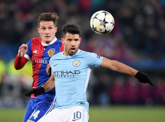 Football CHAMPIONS LEAGUE season 2017 2018 knockout first leg FC Basel Manchester City 13 02 2018 Sergio Agueero re Manchester City against Taulant Xhaka li FC Basel Basel