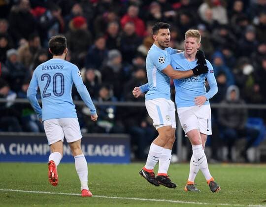 Football CHAMPIONS LEAGUE season 2017 2018 knockout first leg FC Basel Manchester City 13 02 2018 CHEERING Manchester City goalscorer 0 3 Sergio Agueero Centre embraces Kevin DeBruyne re and Bernardo Silva li Basel