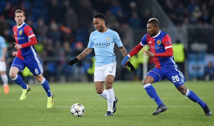 Football CHAMPIONS LEAGUE season 2017 2018 knockout first leg FC Basel Manchester City 13 02 2018 Raheem Sterling Center Manchester City against Geoffroy Serey the re FC Basel Basel