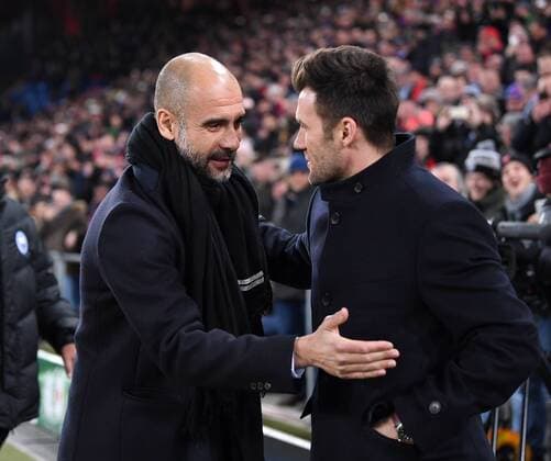 Football CHAMPIONS LEAGUE season 2017 2018 knockout first leg FC Basel Manchester City 13 02 2018 coach Josep Guardiola li Manchester City, and trainer Raphael Wicky re FC Basel Basel