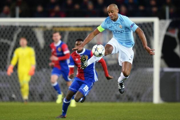 Basel Switzerland 13 02 2018 UEFA Champions League 2017 18 season last finals FC Basel Manchester City s Vincent Kompany Manchester Dimitri Oberlin Basel DeFodi530