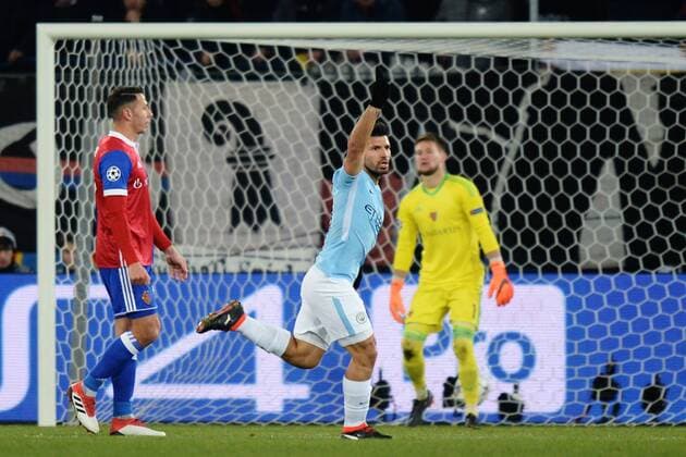 Basel Switzerland 13 02 2018 UEFA Champions League 2017 18 season last finals FC Basel Manchester City cheering Sergio Aguero Manchester 0 3 DeFodi530