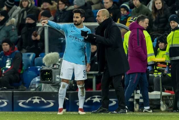 Basel Switzerland 13 02 2018 UEFA Champions League 2017 18 season last finals FC Basel Manchester City coach Josep Guardiola MNC speaks with Ilkay Gündogan MNC DeFodi507