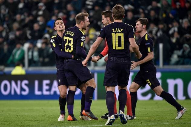 February 13, 2018 - Turin, Italy - Christian Eriksen of Tottenham celebrates scoring second goal during the UEFA Champions League Round of 16 match between Juventus and Tottenham Hotspur at the Juventus Stadium, Turin, Italy on 13 February 2018. Juventus v Tottenham - UEFA Champions League  - ZUMAn230 20180213_zaa_n230_582 Copyright: xGiuseppexMaffiax