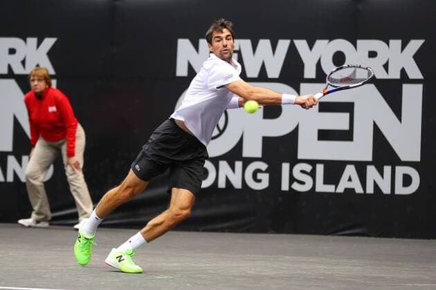 UNIONDALE, NY - FEBRUARY 13: Jeremy Chardy of France returns during the New York Open Tennis on February 13, 2018, at NYCB Live in Uniondale, NY. (Photo by Rich Graessle Icon Sportswire) TENNIS: FEB 13 New York Open Icon0213181530 EDITORIAL USE ONLY
