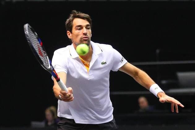 UNIONDALE, NY - FEBRUARY 13: Jeremy Chardy of France returns during the New York Open Tennis on February 13, 2018, at NYCB Live in Uniondale, NY. (Photo by Rich Graessle Icon Sportswire) TENNIS: FEB 13 New York Open Icon0213181537 EDITORIAL USE ONLY