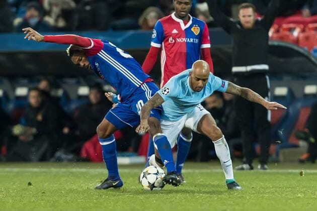 Basel Switzerland 13 02 2018 UEFA Champions League 2017 18 season last final Manchester City Geoffroy Serey the FCB FC Basel and Fabian Delph MNC in the duel of DeFodi507