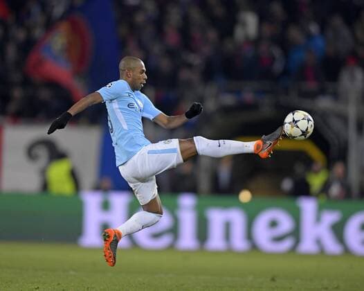 13 02 2018 football UEFA Champions League 2017 2018 knockout FC Basel Manchester City in the St Jakobs Park Stadium in Basel Switzerland Fernandinho Manchester City moves to the ball