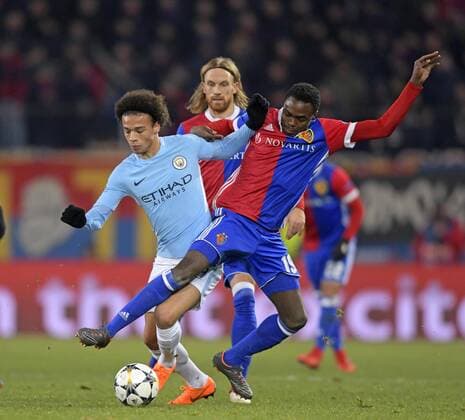 13 02 2018 football UEFA Champions League 2017 2018 knockout FC Basel Manchester City at St James Park Stadium in Basel Switzerland v li Leroy Sane Manchester City against Dimitri Oberlin FC Basel