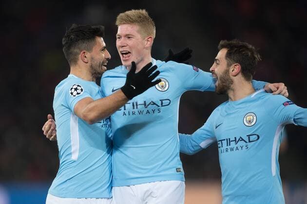 BASEL, SWITZERLAND - FEBRUARY 13: Kevin de Bruyne of Manchester City celebrates during the UEFA Champions League match between Fc Basel v Manchester City at the St. Jakob-Park on February 13, 2018 in Basel Switzerland  Copyright: xx