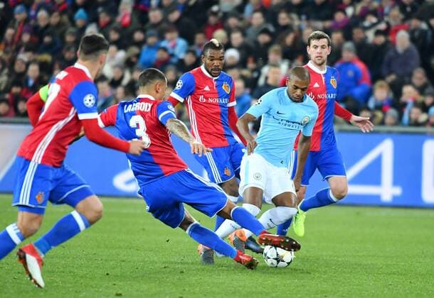13 02 2018 Basel St James Park football men s season 2017 2018 Champions League FC Basel Manchester City picture Fabian Delph ManCity against four Basel FC Basel Action