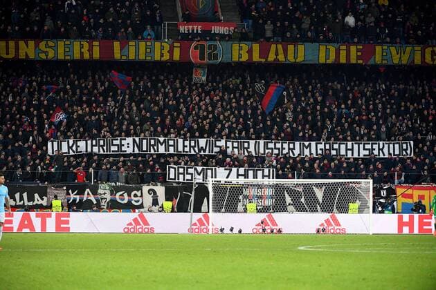 13th February 2018, St Jakob Park, Basel, Switzerland; UEFA Champions League football, round of 16, first leg, FC Basel versus Manchester City; FC Basel fans unveil a banner protesting ticket prices  ActionPlus11986714