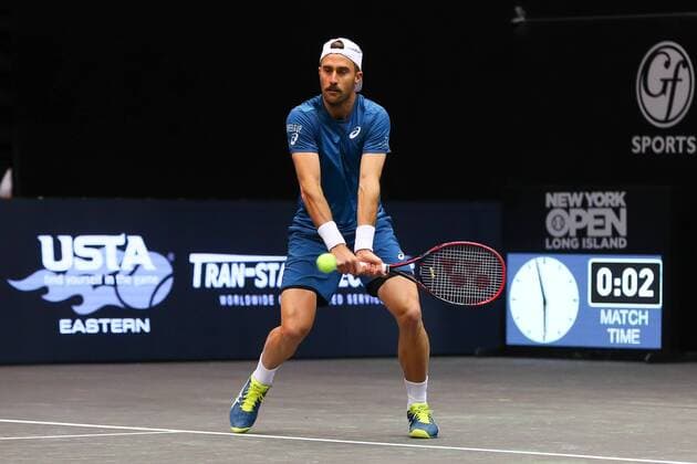 UNIONDALE, NY - FEBRUARY 13: Ryan Harrison of the United States returns during his doubles match in the New York Open on February 13, 2018, at NYCB Live in Uniondale, NY. (Photo by Rich Graessle Icon Sportswire) TENNIS: FEB 13 New York Open Icon0213181549 EDITORIAL USE ONLY