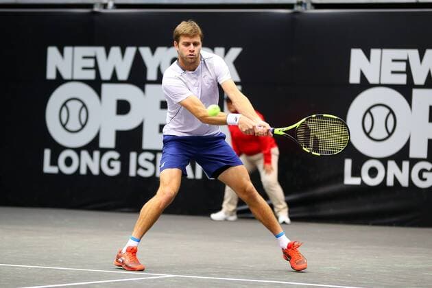 UNIONDALE, NY - FEBRUARY 13: Ryan Harrison of the United States returns during his doubles match in the New York Open on February 13, 2018, at NYCB Live in Uniondale, NY. (Photo by Rich Graessle Icon Sportswire) TENNIS: FEB 13 New York Open Icon0213181552 EDITORIAL USE ONLY