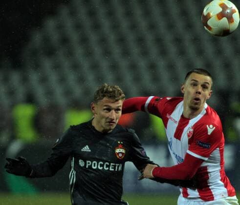 13.02.2018 Belgrade(Serbia) FK Crvena Zvezda(FC Red Star)-FC CSKA Moscow Europa League 1 16 final men s football Milan Rodic(r) FK Crvena Zvezda, Fedor Chalov(L)FC CSKA Moscow : 