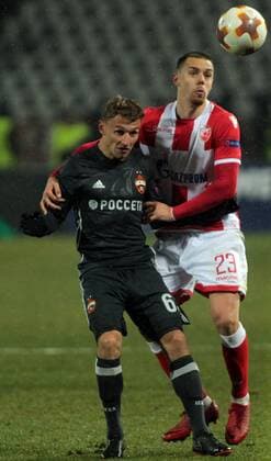 13.02.2018 Belgrade(Serbia) FK Crvena Zvezda(FC Red Star)-FC CSKA Moscow Europa League 1 16 final men s football Milan Rodic(r) FK Crvena Zvezda, Fedor Chalov(L)FC CSKA Moscow : 