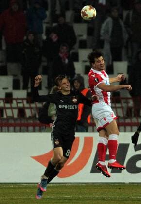 13.02.2018 Belgrade(Serbia) FK Crvena Zvezda(FC Red Star)-FC CSKA Moscow Europa League 1 16 final men s football Konstantin Kuchaev(L),CSKA Moscow Filip Stojkovic(r) FK Crvena Zvezda : 