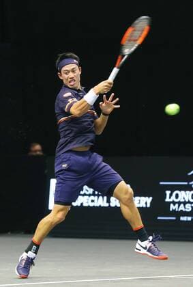 Tennis: Kei Nishikori at New York Open Japanese tennis player Kei Nishikori returns a shot against Noah Rubin of the United States in the first round of the New York Open ATP Tennis Herren World Tour Tennis Tournament in New York on Feb. 13, 2018. 