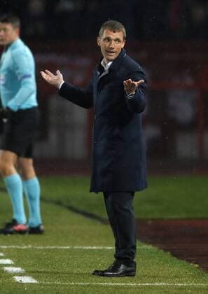 (180214) -- BELGRADE, Feb. 14, 2018 -- CSKA Moscow s coach Viktor Goncharenko gestures during the UEFA Europa League round of 32 first leg football match between Crvena Zvezda and CSKA Moscow in Belgrade, Serbia on Feb. 13, 2018. The match ended with 0-0.) (SP)SERBIA-BELGRADE- EUROPA-FOOTBALL-CRVENA ZVEZDA VS CSKA PredragxMilosavljevic 
