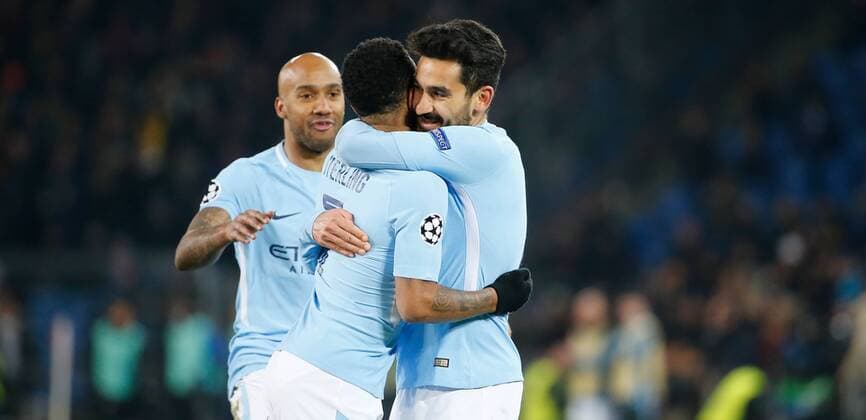 13 02 2018 St Jakob Park Basel Switzerland season 2017 2018 men s football UEFA Champions League 1 8 final first leg FC Basel Manchester City FC goal celebration Raheem Sterling Ilkay Gündogan Manchester City 0 4