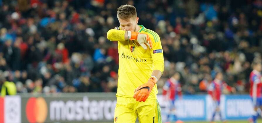 13 02 2018 St Jakob Park Basel Switzerland season 2017 2018 men s football UEFA Champions League 1 8 final first leg FC Basel Manchester City FC goalkeeper Tomas Vaclik FC Basel disapointed