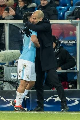 Basel Switzerland 13 02 2018 UEFA Champions League 2017 18 season last finals FC Basel Manchester City coach Josep Guardiola MNC claps Sergio Agüero MNC on the ground DeFodi507