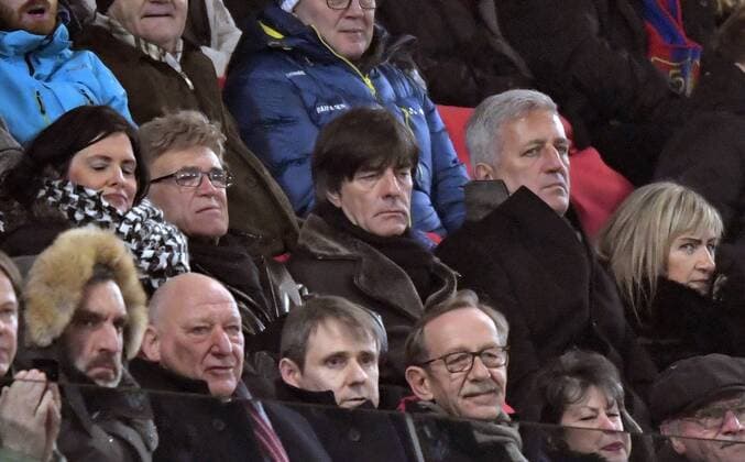 13 02 2018 football UEFA Champions League 2017 2018 knockout FC Basel Manchester City at St James Park Stadium in Basel Switzerland head coach Joachim Löw Center Germany DFB players observers URS Siegenthaler middle row 2 v li on the grandstand