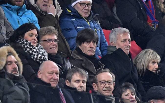 13 02 2018 football UEFA Champions League 2017 2018 knockout FC Basel Manchester City at St James Park Stadium in Basel Switzerland head coach Joachim Löw Center Germany DFB players observers URS Siegenthaler middle row 2 v li on the grandstand