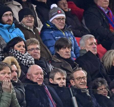 13 02 2018 football UEFA Champions League 2017 2018 knockout FC Basel Manchester City at St James Park Stadium in Basel Switzerland head coach Joachim Löw Center Germany DFB players observers URS Siegenthaler middle row 2 v li on the grandstand