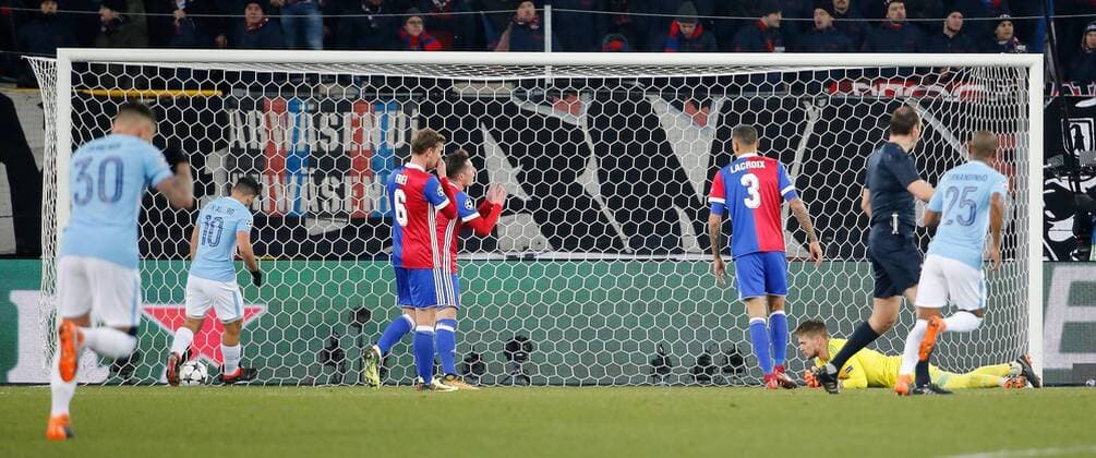 13 02 2018 St Jakob Park Basel Switzerland season 2017 2018 men s football UEFA Champions League 1 8 final first leg FC Basel Manchester City FC goal 0 2 keeper Tomas Vaclik Taulant Xhaka and Fabian free FCB bediennt