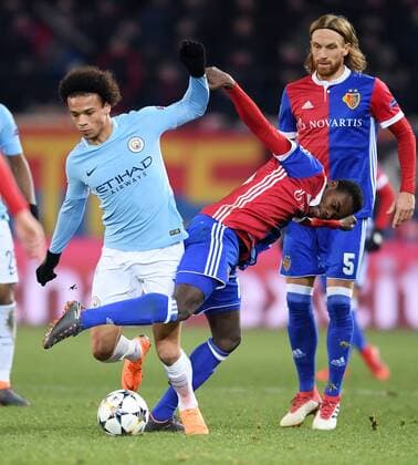 Football CHAMPIONS LEAGUE season 2017 2018 knockout first leg FC Basel Manchester City 13 02 2018 Leroy sane li Manchester City against Dimitri Oberlin mid FC Basel and Michael long re FC Basel Basel