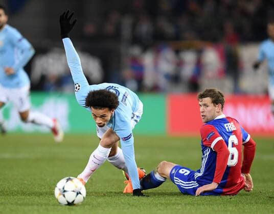 Football CHAMPIONS LEAGUE season 2017 2018 knockout first leg FC Basel Manchester City 13 02 2018 Leroy sane li Manchester City on the ball against Fabian free re FC Basel Basel