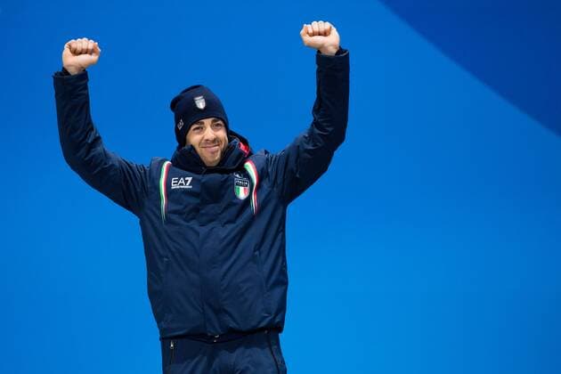 180214 Federico Pellegrino of Italy silver celebrates at the medal ceremony for the Men s Cross Country Sprint during day five of the 2018 Winter Olympics on February 14 2018 in Pyeongchang Photo Carl S BILDBYR N code CS 57999 292  Copyright: CARLxSANDIN BB180214CS094