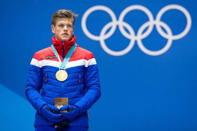 180214 Johannes H ¿sflot Kl ¾ stay of Norway Gold celebrates at the medal ceremony for the Men s Cross Country Sprint during day five of the 2018 Winter Olympics on February 14 2018 in Pyeongchang Photo Carl S BILDBYR N code CS 57999 292  Copyright: CARLxSANDIN BB180214CS099