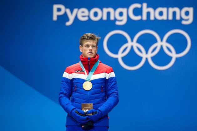 180214 Johannes H ¿sflot Kl ¾ stay of Norway Gold celebrates at the medal ceremony for the Men s Cross Country Sprint during day five of the 2018 Winter Olympics on February 14 2018 in Pyeongchang Photo Carl S BILDBYR N code CS 57999 292  Copyright: CARLxSANDIN BB180214CS100