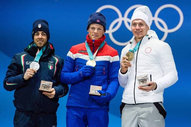 180214 Federico Pellegrino of Italy silver Johannes Hosflot Klaebo of Norway Gold and Alexander Bolshunov of OAR Russia celebrates at the medal ceremony for the Men s Cross Country Sprint during day five of the 2018 Winter Olympics on February 14 2018 in Pyeongchang Photo Carl Sandin BILDBYRAN code CS 57999 292  Copyright: CARLxSANDIN BB180214CS101