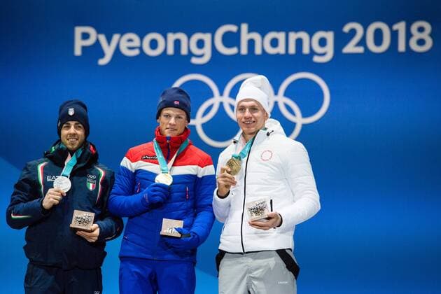 180214 Federico Pellegrino of Italy silver Johannes Hosflot Klaebo of Norway Gold and Alexander Bolshunov of OAR Russia celebrates at the medal ceremony for the Men s Cross Country Sprint during day five of the 2018 Winter Olympics on February 14 2018 in Pyeongchang Photo Carl Sandin BILDBYRAN code CS 57999 292  Copyright: CARLxSANDIN BB180214CS102