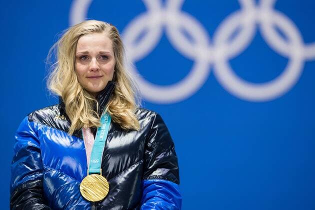 180214 Stina Nilsson of Sweden Gold into tears while celebrating at the medal ceremony for the Men s Cross Country Sprint during day five of the 2018 Winter Olympics on February 14 2018 in Pyeongchang Photo Carl S BILDBYR N code CS 57999 292  Copyright: CARLxSANDIN BB180214CS109