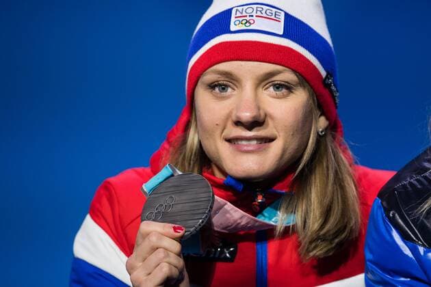 180214 Maiken Caspersen Falla of Norway Silver celebrating at the medal ceremony for the Women s Cross Country Sprint during day five of the 2018 Winter Olympics on February 14 2018 in Pyeongchang Photo Carl S BILDBYR N code CS 57999 292  Copyright: CARLxSANDIN BB180214CS111