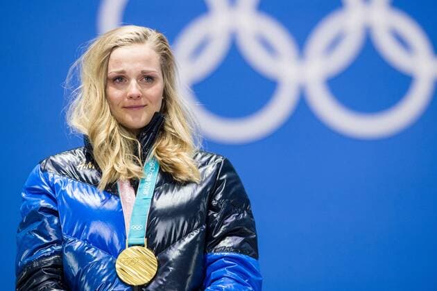 180214 Stina Nilsson of Sweden Gold celebrating at the medal ceremony for the Women s Cross Country Sprint during day five of the 2018 Winter Olympics on February 14 2018 in Pyeongchang Photo Carl S BILDBYR N code CS 57999 292  Copyright: CARLxSANDIN BB180214CS114