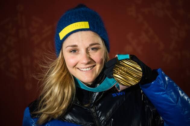 180214 Stina Nilsson of Sweden Gold celebrating at the medal ceremony for the Women s Cross Country Sprint during day five of the 2018 Winter Olympics on February 14 2018 in Pyeongchang Photo Carl S BILDBYR N code CS 57999 292  Copyright: CARLxSANDIN BB180214CS117