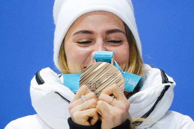 PYEONGCHANG, SOUTH KOREA - FEBRUARY 14, 2018: Bronze medalist, Olympic Athlete from Russia Yulia Belorukova at a medal ceremony for the ladies cross-country skiing individual sprint classic event at the 2018 Winter Olympic Games Olympische Spiele Olympia OS at Medals Plaza. Sergei Bobylev TASS  TS073C2F
