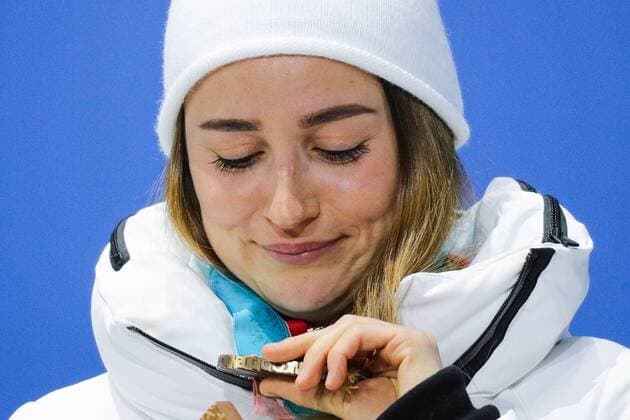 PYEONGCHANG, SOUTH KOREA - FEBRUARY 14, 2018: Bronze medalist, Olympic Athlete from Russia Yulia Belorukova at a medal ceremony for the ladies cross-country skiing individual sprint classic event at the 2018 Winter Olympic Games Olympische Spiele Olympia OS at Medals Plaza. Sergei Bobylev TASS  TS073C31