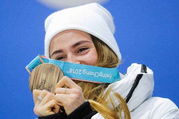 PYEONGCHANG, SOUTH KOREA - FEBRUARY 14, 2018: Bronze medalist, Olympic Athlete from Russia Yulia Belorukova at a medal ceremony for the ladies cross-country skiing individual sprint classic event at the 2018 Winter Olympic Games Olympische Spiele Olympia OS at Medals Plaza. Sergei Bobylev TASS  TS073C35